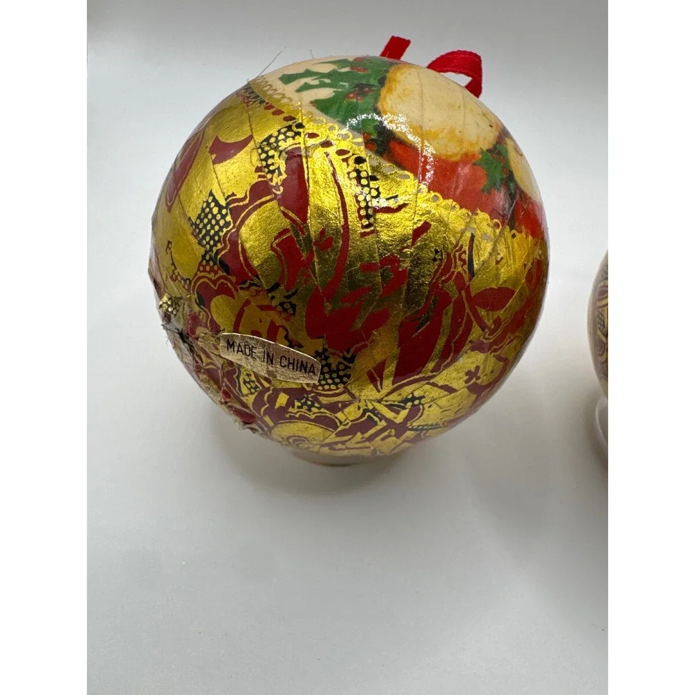 Vintage Style Decoupage Christmas Ornaments Santa and Elf Gold Foil Set of 2